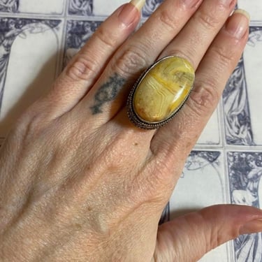 sterling silver ring, yellow stone, statement jewelry, bohemian style, butterscotch, vintage ring, 925, hippie style, oval natural stone, 8 