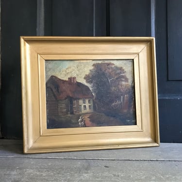 Antique Oil Painting on Canvas, English Pastoral Countryside Scene, Gold Frame, Early 