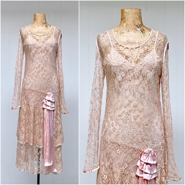 Vintage 1920s Blush Pink Chantilly Lace Evening Gown, Art Deco Drop-Waist Bias Cut Dress - Wedding, Party, Special Occasion, 34