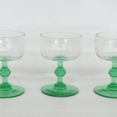 Green Depression Glass Stem Clear Set of 3 Small Cordial Drinking Glasses 1647B