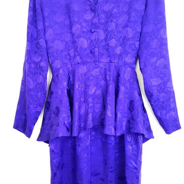 Vintage 80s Peplum Dress Size Small Purple Silk Modest Business Career