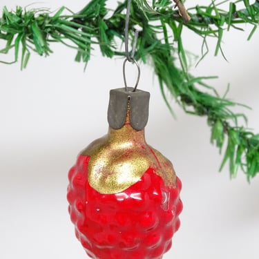 Vintage 1940's Painted Glass Strawberry Christmas Ornament, Antique Retro Holiday Decor 
