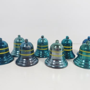 Vintage Blue Stripe Plastic Christmas Bell Ornaments - Set of 8 Blue Plastic Christmas Bells 