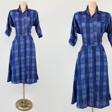 TLC SALE- Vintage 80s Blue Plaid Shirt Waist Dress Size 7 | 1980s Does 50's Day Dress | As-Is Wounded Sale | VFG 