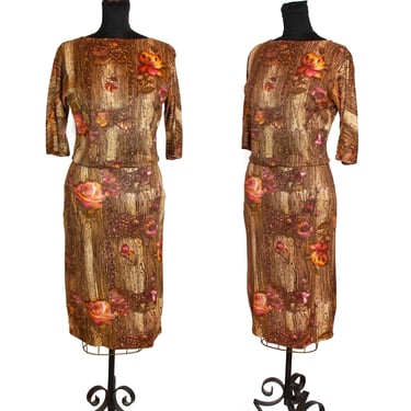 1950s Dress ~ Wood and Roses Novelty Print Nylon Jersey Dress 