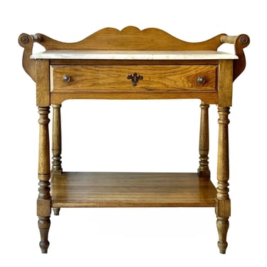 1980s Oak and Marble Victorian Style Washstand Side Table 