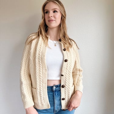 Vintage Wool White Cream Cable Knit Cardigan 