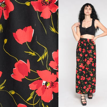 90s Floral Skirt Black Red Poppy Skirt 90s Maxi Boho Straight Column Skirt 1990s Long Vintage Hippie Romantic Small 4 