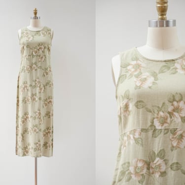 green floral linen dress | 90s y2k vintage dogwood blossom floral sage green beige long sleeveless maxi dress 