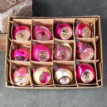 Antique Vintage Glass Indent Christmas Ornaments in Pink | Set of 12 Fantasia Ornaments in Original Box | Made in Poland | Circa 1930s 