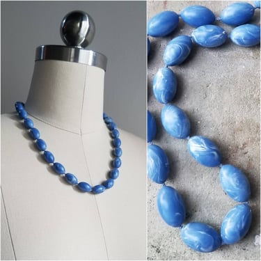 Vintage 1980's Blue Marbleized Plastic Bead Necklace Vintage Jewelry Vintage 80's Accessories 80s Boho Chic 