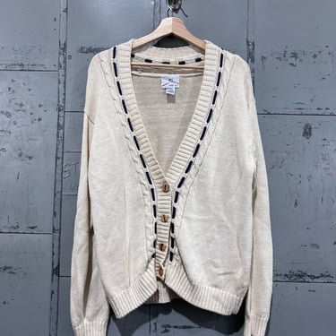 M 80s cardigan sweater tan brown color earthtone chunky knit cable hand knit sport ltd Grandma 