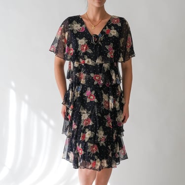 Vintage 80s I.MAGNIN Black Polkadot & Floral Ruffle Tiered Rayon Crepe Mini Dress | Sheer Cape Shoulder | 1980s Does 1930s Designer Dress 