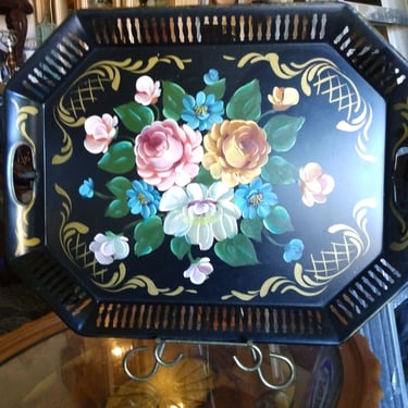 VINTAGE Toleware Serving Tray, Pink and Blue Floral Hand Painted Tray, Home Decor 