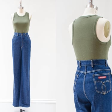 high waisted jeans | 70s 80s vintage Sassoon dark wash wide leg bellbottom long tall jeans 