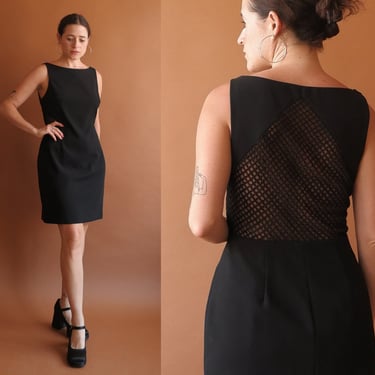 Vintage 90s Fishnet Backless Mini Dress/ 1990s Short Black Dress/ Size Medium 
