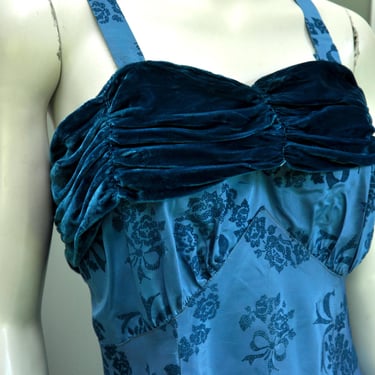 vintage 1930s flocked floral blue velvet taffeta sleeveless party dress w/ bolero XL/PLUS 