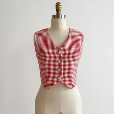 red plaid vest 60s 70s vintage cottagecore red white gingham cropped fitted waistcoat 