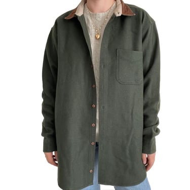 Vintage Woolrich Mens Olive Green Wool Elbow Patch Field Button Down Shirt XL 