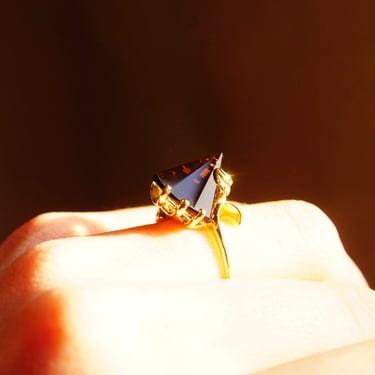 Vintage Modernist 14K Gold Smoky Quartz Cocktail Ring, Unique Faceted Gemstone, Ornate Yellow Gold Prong Setting, Size 6 US 