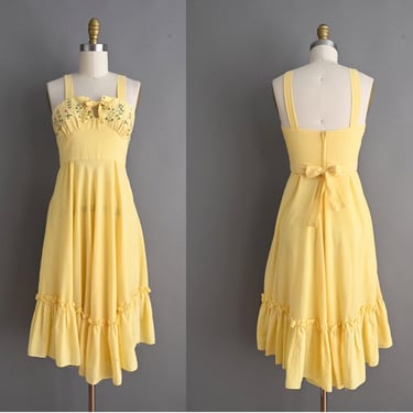 vintage 1960s Dress | Vintage Buttercup Yellow Embroidered Floral Sun Dress | XS 