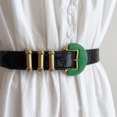 black leather belt 80s 90s vintage Carlisle patent alligator statement belt 