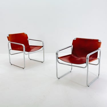 Set of 2 Mid-Century Italian Leather & Chrome Armchairs Jox Interni 1970s 