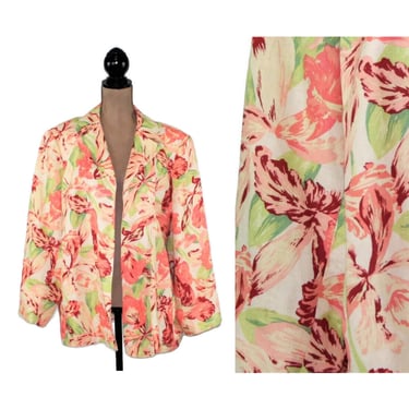 90s Y2K Plus Size Tropical Floral Jacket 2X, Orchid Print Linen Rayon, Spring Summer Clothes Women Vintage PARISIAN SIGNATURE Size 18W 