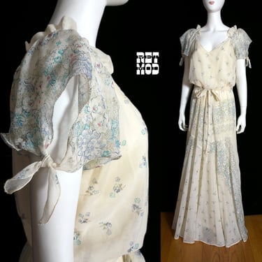 Boho Beautiful Vintage 70s Dusty White Blue Floral Long Dress with Tie Sleeves 