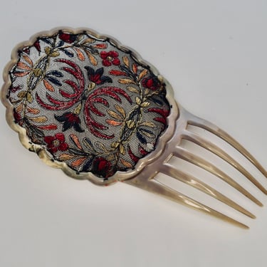 KROKO Antique Art Deco Celluloid Embroidered Lace Hair Comb 