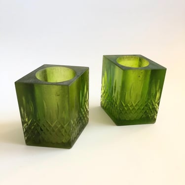 Mid Century Sascha Brastoff Green Resin Candle Holders or Vases - Set of 2 