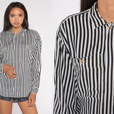 Black and White Striped Top 90s Hidden Button Up Shirt Long Sleeve Blouse Retro Preppy Basic Collared Vintage 1990s Liz Claiborne Medium M 