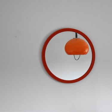 Vintage Round Wall Mirror / Mid Century Modern Round Mirror / Modernist Mirror / Clear Orange Framed Mirror / Home Decor / Yugoslavia / 70's 