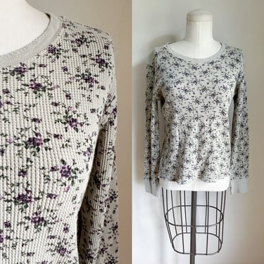 Vintage 1990s Gray Floral Waffle Knit Thermal Top / S or XL Youth 