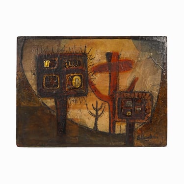 1964 B. Waszak Mixed Media Painting on Board Oil Paper Collage Mid Century Modern 