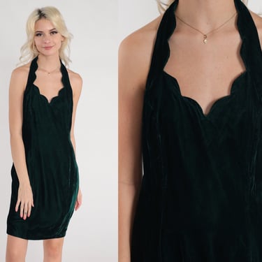 Dark Green Velvet Dress 90s Party Dress Scalloped Halter Neck Mini Dress Retro Open Back Party Cocktail Evening Formal Vintage 1990s Small S 