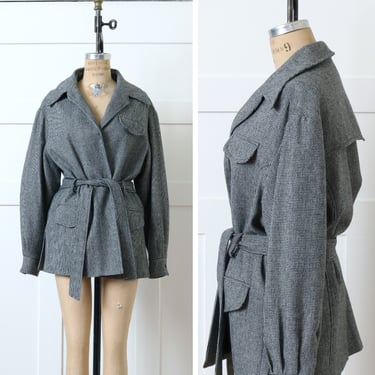 vintage 1990s does 1950s wool jacket • black & white houndstooth belted wrap coat 