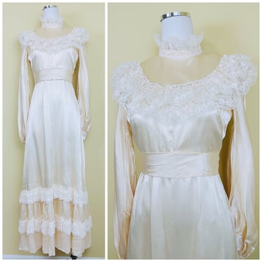 1970s Vintage Cream Liquid Silk Wedding Dress / 70s Prairie Lace Ruffled Bib Victorian Maxi Gown / Medium 