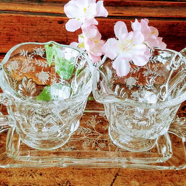 Mid-Century Glass Sugar & Creamer Set~Vintage 50's Art Glass Cream/Sugar Bowl with Glass Tray~JewelsandMetals 