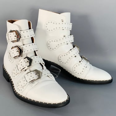 GIVENCHY Size 9 White Studded Belted Ankle Boots