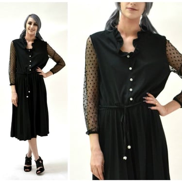 Vintage Black Dress Knit Medium Large Illusion Dress// 70s 80s Black Knit Dress Ruffle Neck Pleat Skirt Travel Dress Medium Large 