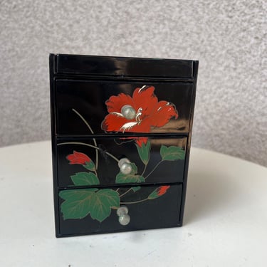 Vintage small jewelry box mirror 3 drawers black lacquer floral made in Japan 