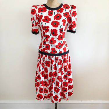 Black, White, and Red Floral Print Cotton Party Dress - 1980s 