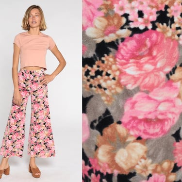 Floral Bell Bottom Pants Pink Black Velvet Pants Bohemian 70s Hippie Trousers Flared Pants High Waisted Boho Festival Extra Small xs 