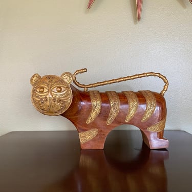 Midcentury Modern Large Lee Bernay for Raymor Handmade Metal Art and Wood Cat Sculpture 