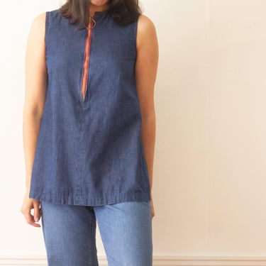 1960s Dark Denim Top with Red Metal Zip 