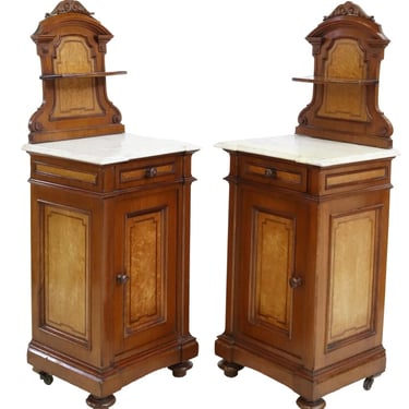 Antique Nightstands, Pair (2), Italian Marble-Top, Walnut, Maple, 19th C, 1800s!