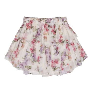 LoveShackFancy - Ivory & Pink Floral Tiered Mini Skirt Sz S