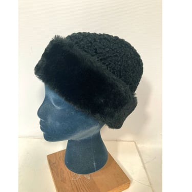 Vintage Black Faux Fur Military Garrison Cap Winter Hat With Ear Flaps Size Medium 
