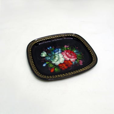 Zhostovo Hand painted Toleware Tray Black Enamel-Lacquer Flowers Russian Folk Art - signed - Жостово 